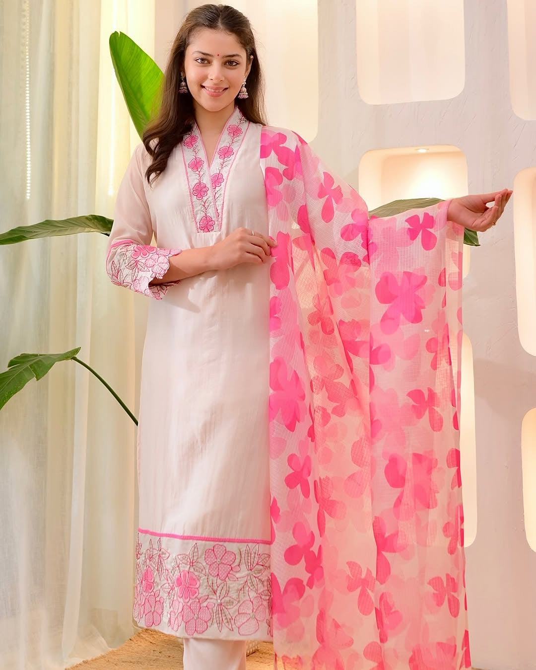 Blush Pink Cotton Flex Kurta Pant Set with Kota Doriya Dupatta & Floral Embroidery