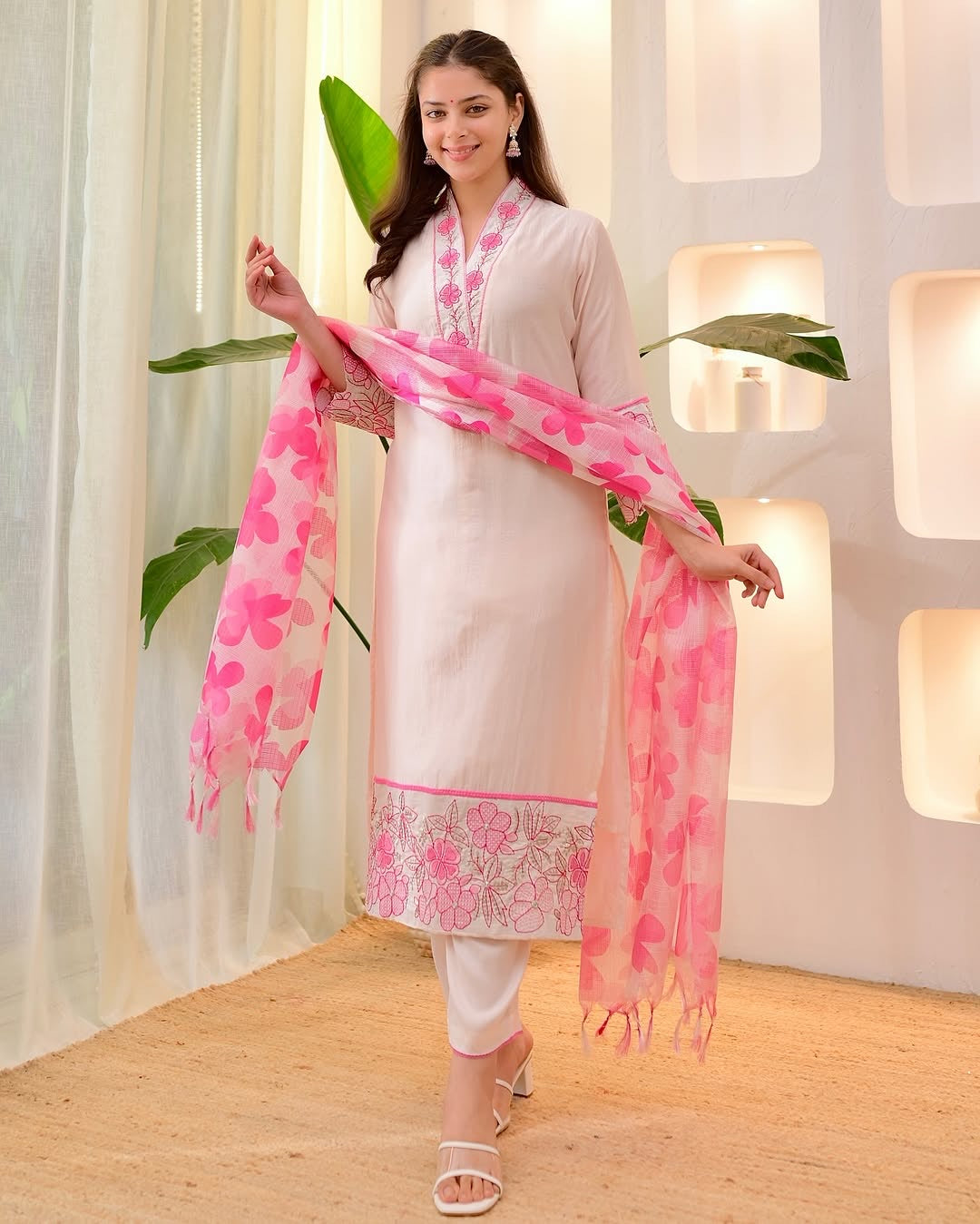Blush Pink Cotton Flex Kurta Pant Set with Kota Doriya Dupatta & Floral Embroidery