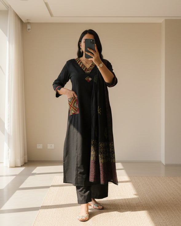 Taabir Cotton V-Neck Embroidered Kurti Pant Set with Dupatta