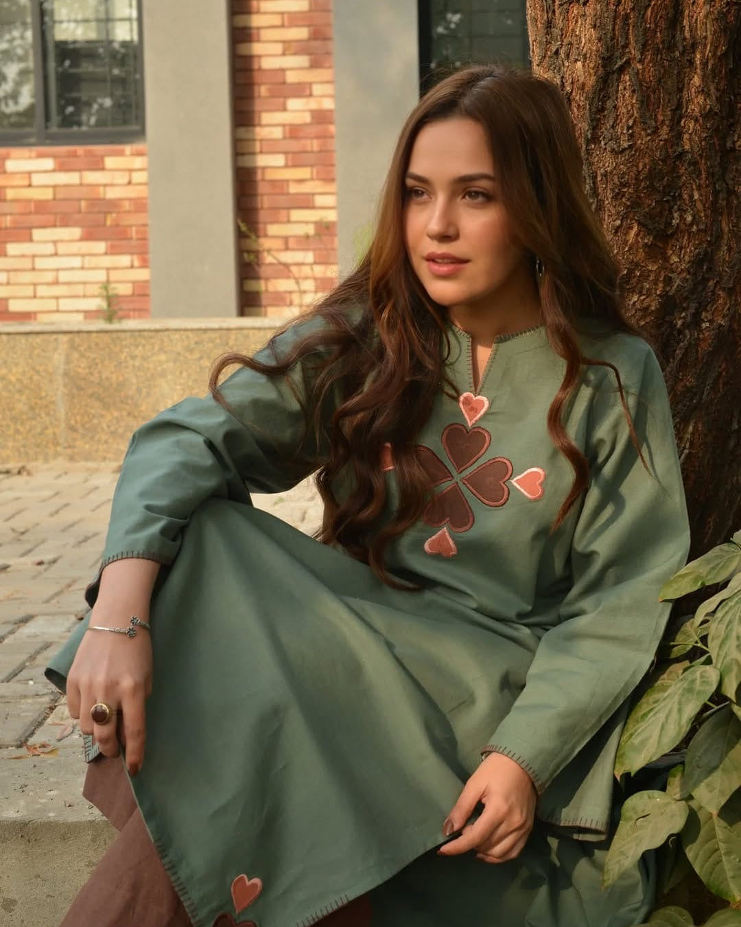 Olive Green Cotton Kurti Pant Set for Women with Heart Embroidery
