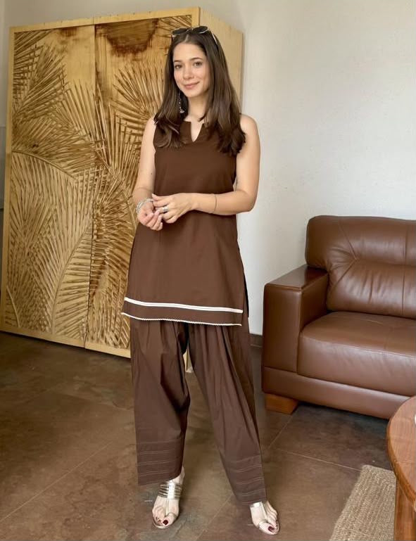 Chocolate Brown Pure Cotton Farshi Salwar Set with Lace Detail Sleeveless Kurta – 2 Piece Ethnic Co-Ord for Women