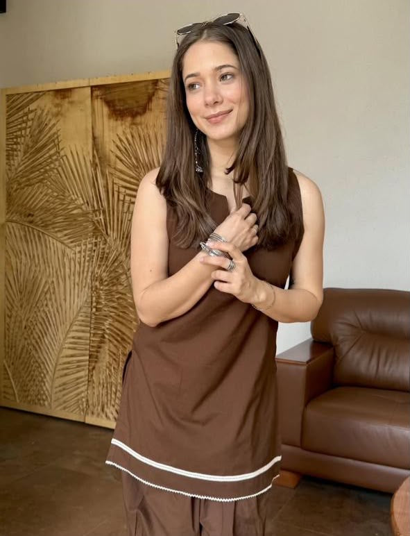 Chocolate Brown Pure Cotton Farshi Salwar Set with Lace Detail Sleeveless Kurta – 2 Piece Ethnic Co-Ord for Women