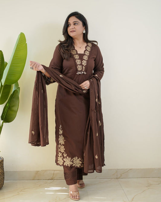  Chocolate Brown Embroidered Cotton Suit Set with Dupatta 