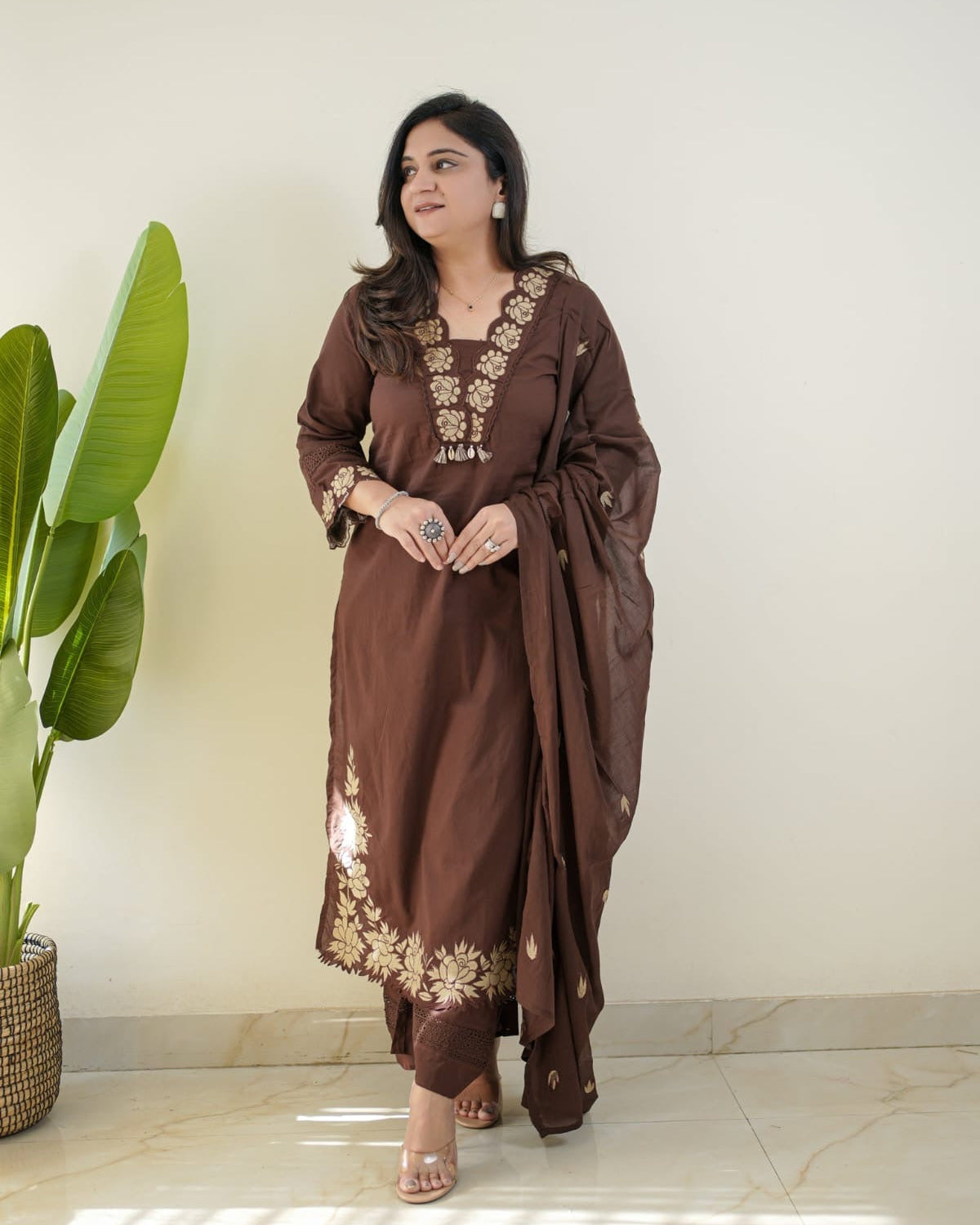  Chocolate Brown Embroidered Cotton Suit Set with Dupatta 