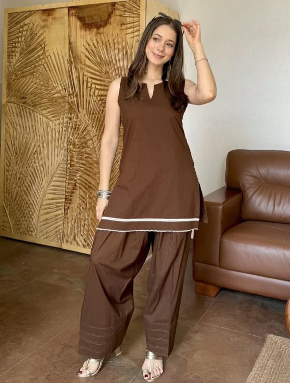Chocolate Brown Pure Cotton Farshi Salwar Set with Lace Detail Sleeveless Kurta – 2 Piece Ethnic Co-Ord for Women