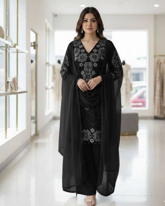 Black Georgette Sequence Embroidery Top Plazzo Set with Dupatta for Women