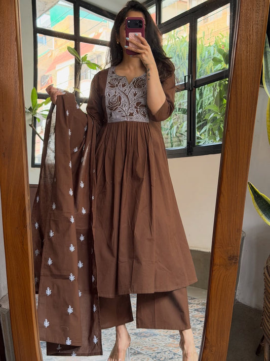 Deep Cocoa Brown Cotton Anarkali Suit Set with Embroidered Yoke, Palazzo & Dupatta – 3 Piece Ethnic Set for Women