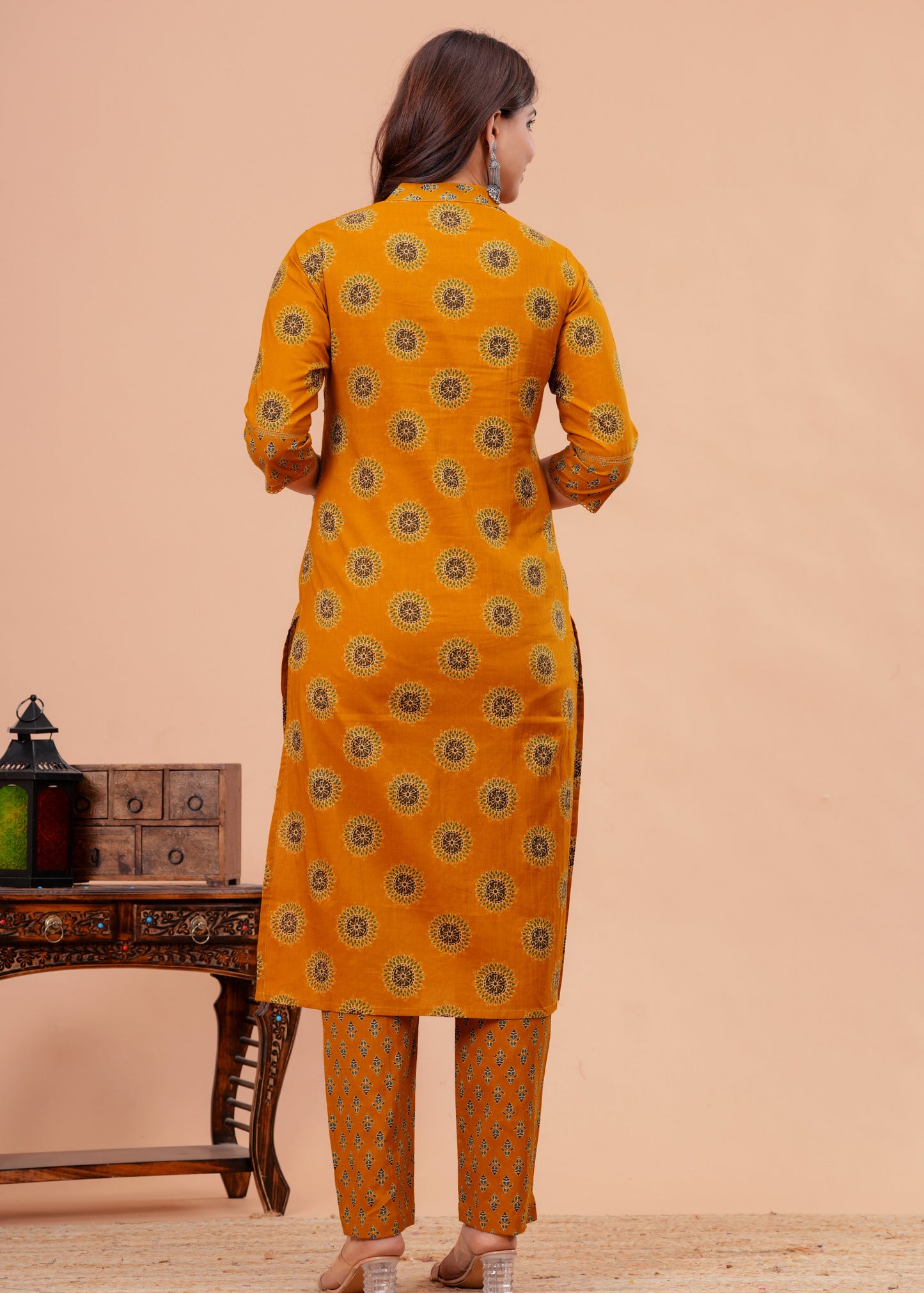  Mustard Pure Cotton Pintuck Printed Kurta Pant Set with Dupatta for Women