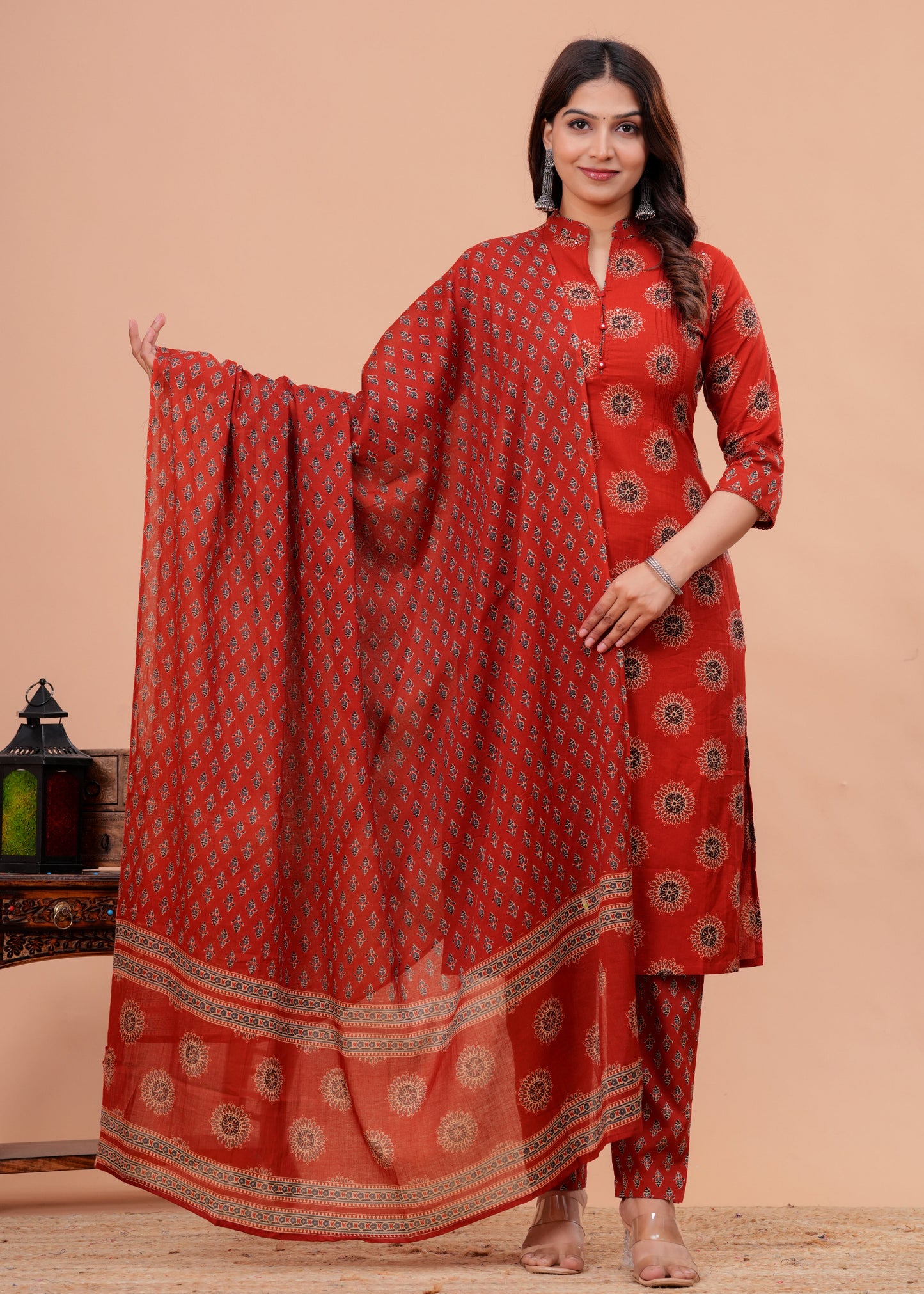  Red Pure Cotton Pintuck Printed Kurta Pant Set with Dupatta for Women