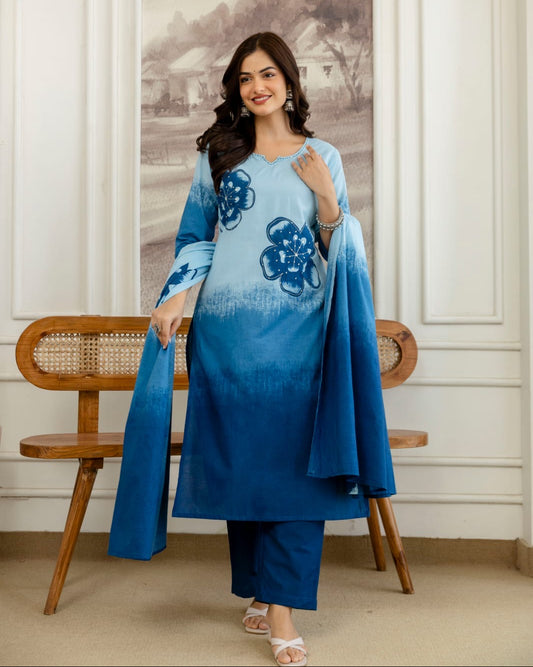 Falak Blue Tie-Dye Printed Cotton Kurta Set with Handwork, Pant & Mulmul Dupatta – 3 Piece Ethnic Set