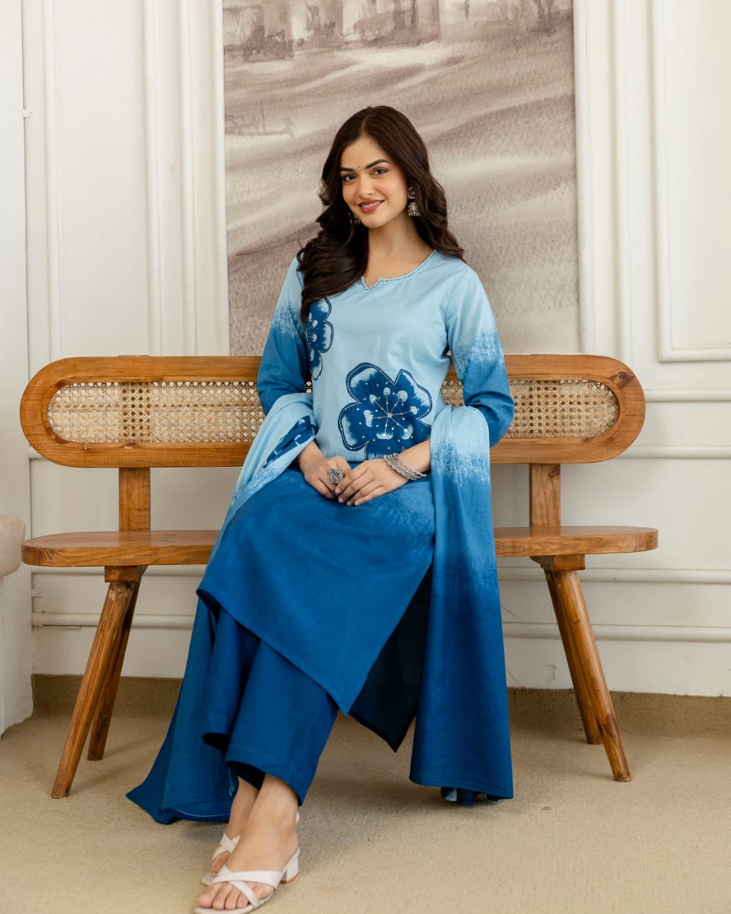 Falak Blue Tie-Dye Printed Cotton Kurta Set with Handwork, Pant & Mulmul Dupatta – 3 Piece Ethnic Set