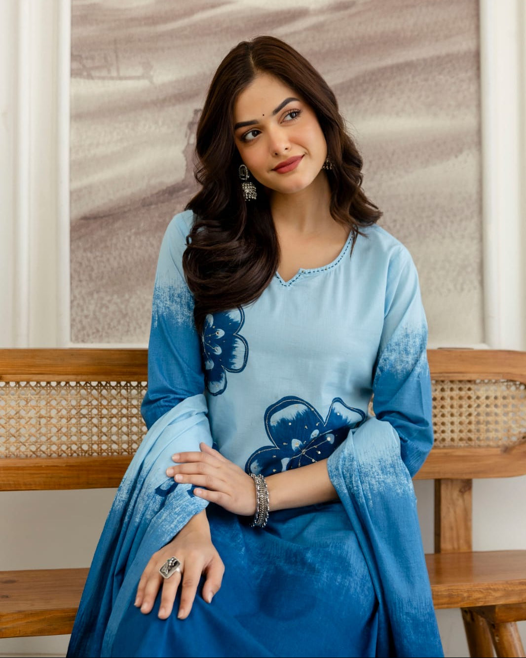 Falak Blue Tie-Dye Printed Cotton Kurta Set with Handwork, Pant & Mulmul Dupatta – 3 Piece Ethnic Set