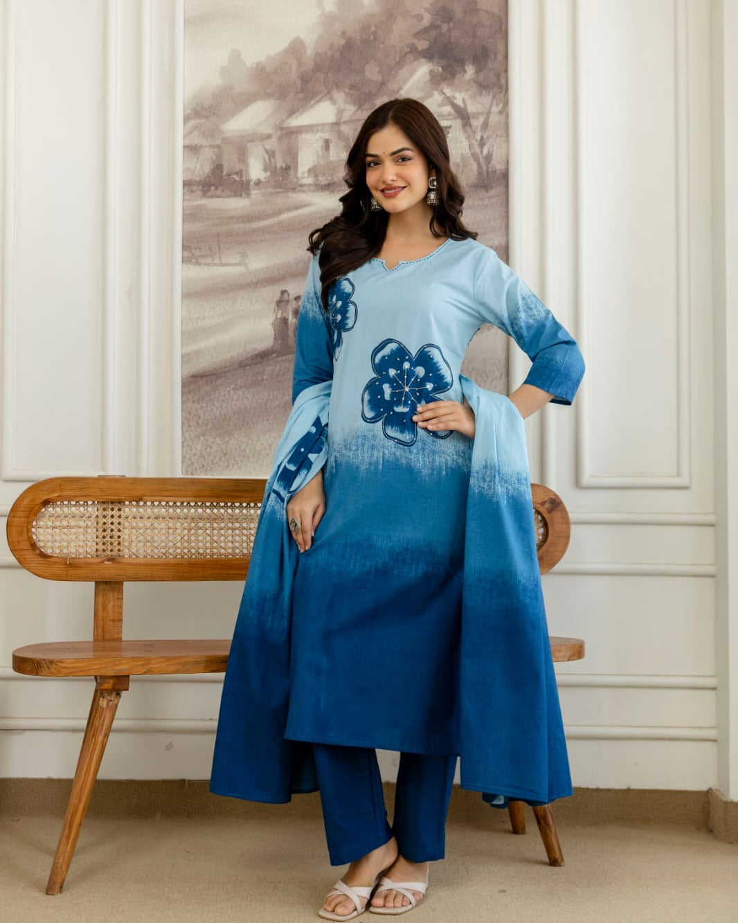 Falak Blue Tie-Dye Printed Cotton Kurta Set with Handwork, Pant & Mulmul Dupatta – 3 Piece Ethnic Set