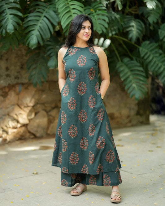 Halter-Neck Printed Cotton Kurta Palazzo Set