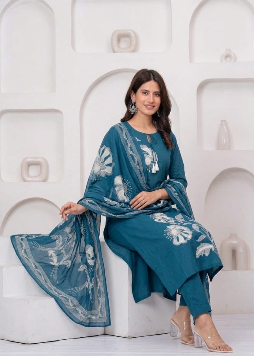 Haya Teal Blue Embroidered Cotton Kurta Pant Set with Printed Dupatta for Women