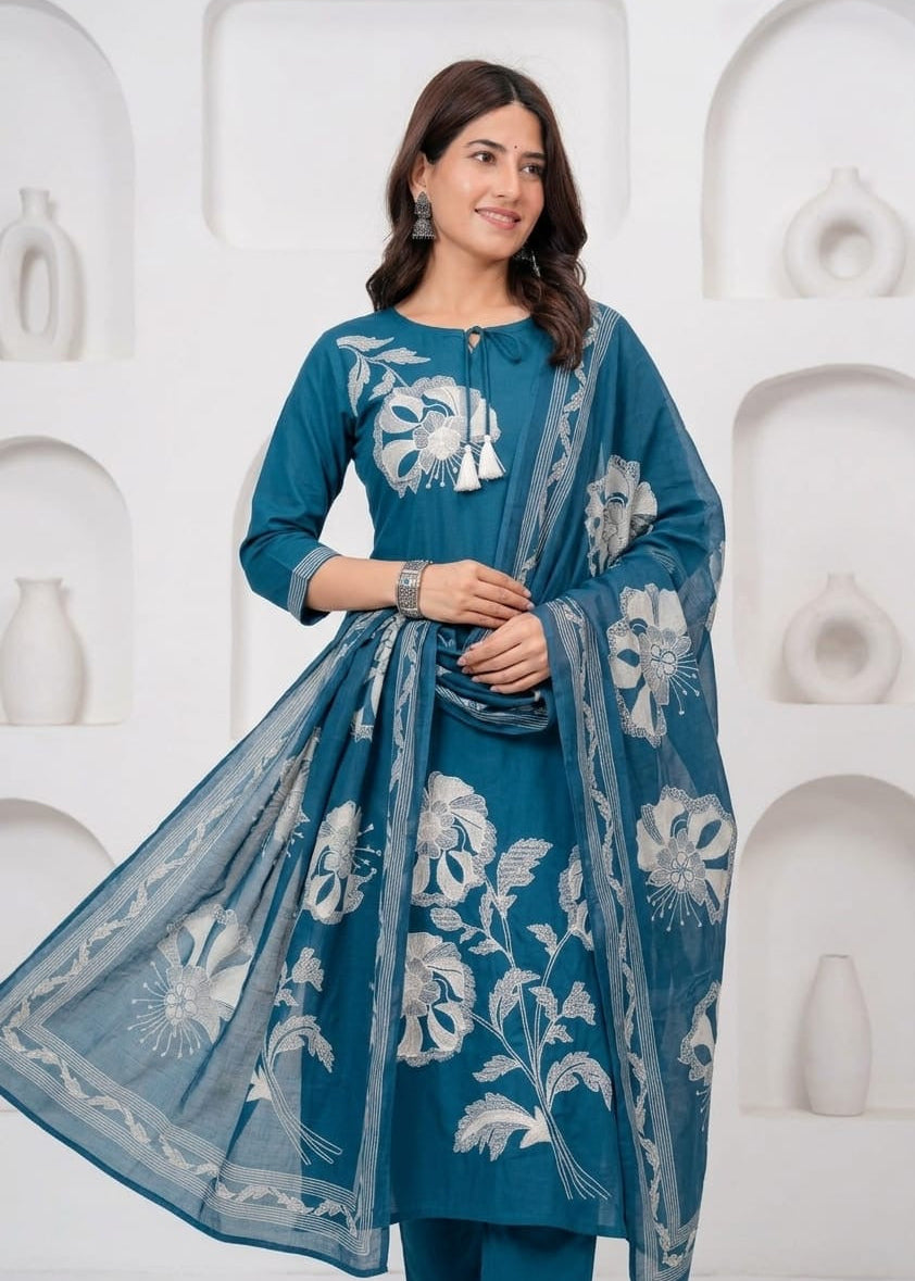 Haya Teal Blue Embroidered Cotton Kurta Pant Set with Printed Dupatta for Women