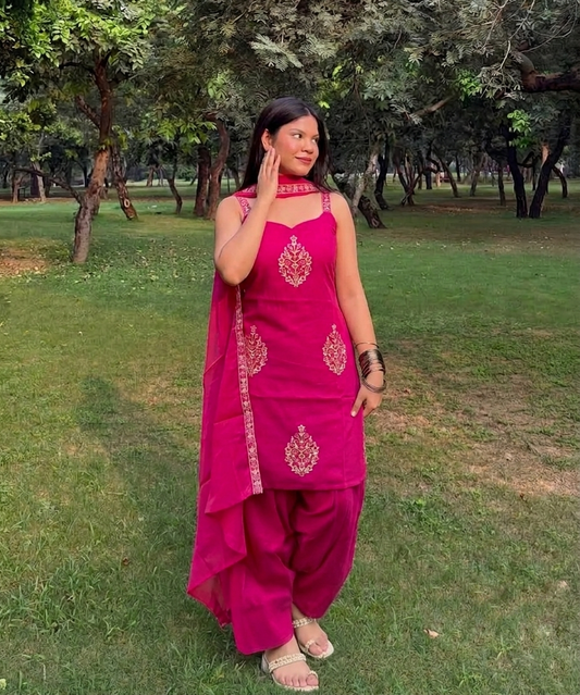  Hot Pink Embroidered Cotton Farshi Salwar Suit Set with Mul Cotton Dupatta 