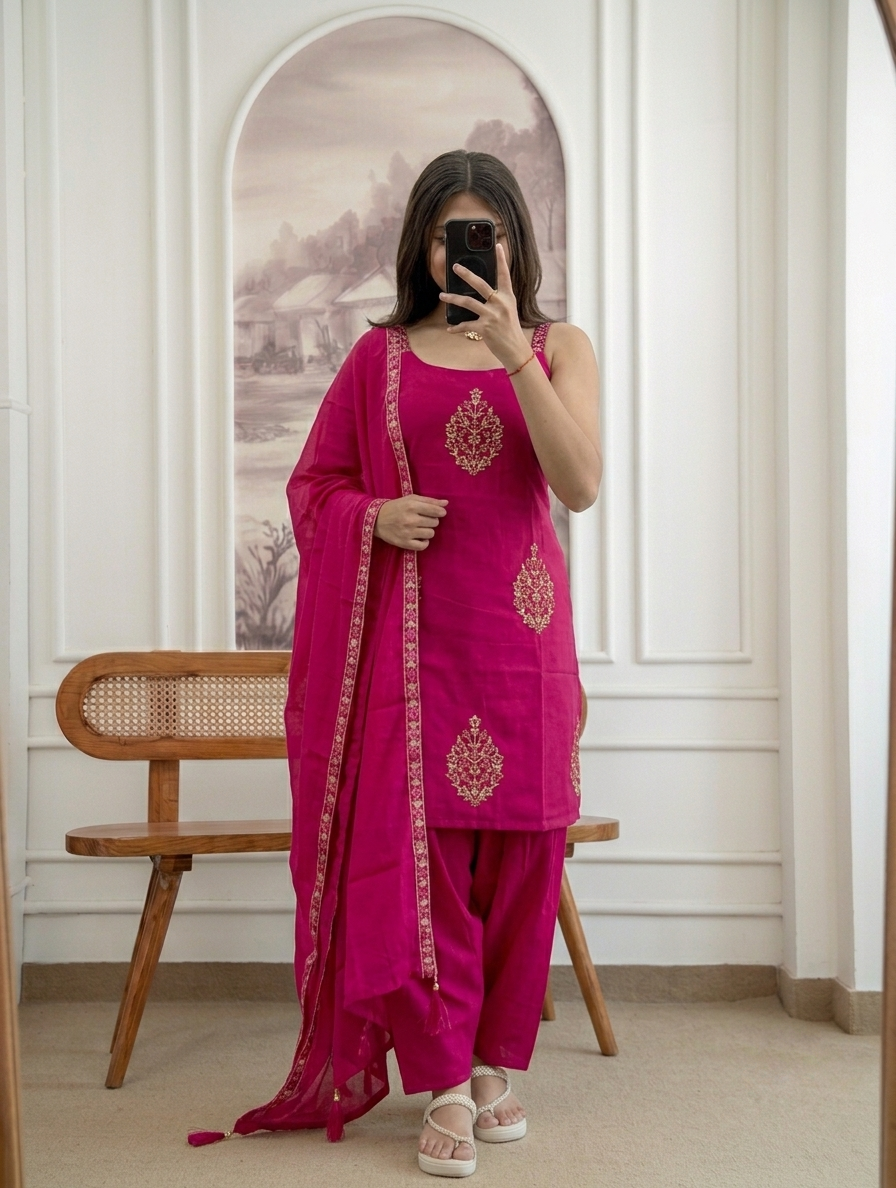  Hot Pink Embroidered Cotton Farshi Salwar Suit Set with Mul Cotton Dupatta 