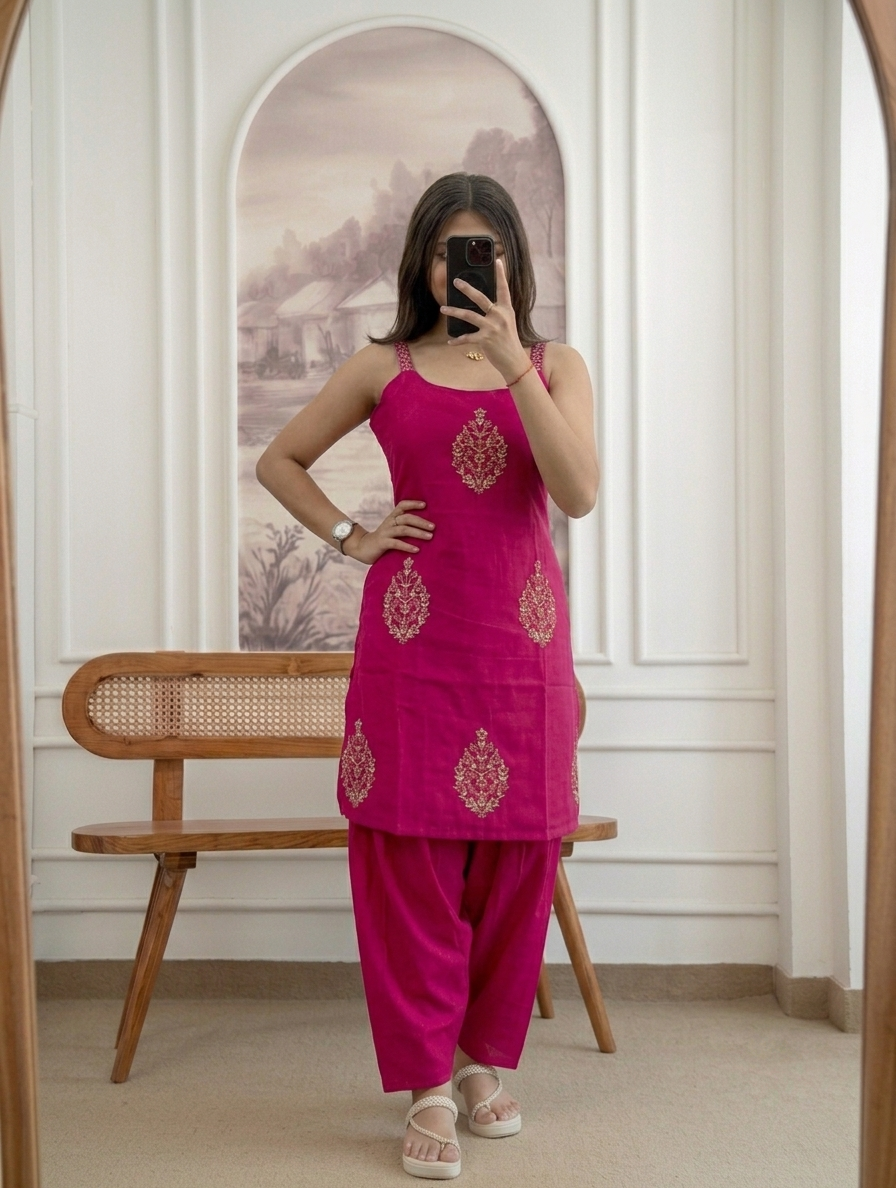  Hot Pink Embroidered Cotton Farshi Salwar Suit Set with Mul Cotton Dupatta 