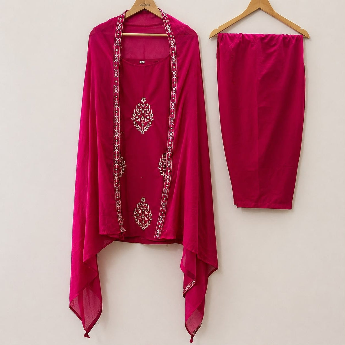  Hot Pink Embroidered Cotton Farshi Salwar Suit Set with Mul Cotton Dupatta 