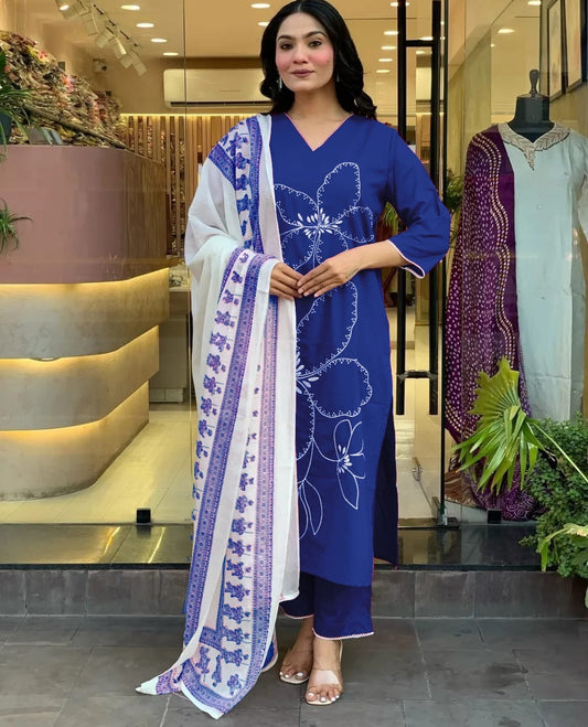  Indigo Blue Cotton Kurta Pant Set with Dupatta