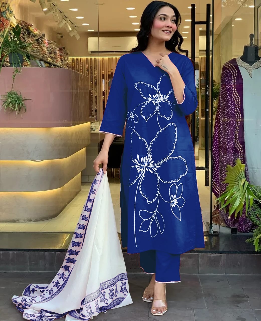  Indigo Blue Cotton Kurta Pant Set with Dupatta