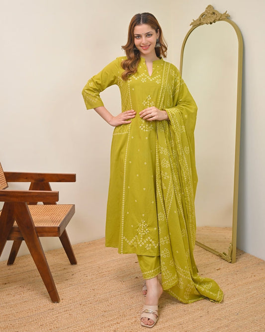 Lime Mist Bandhej Mirror Work Cotton Suit Set with Dupatta 