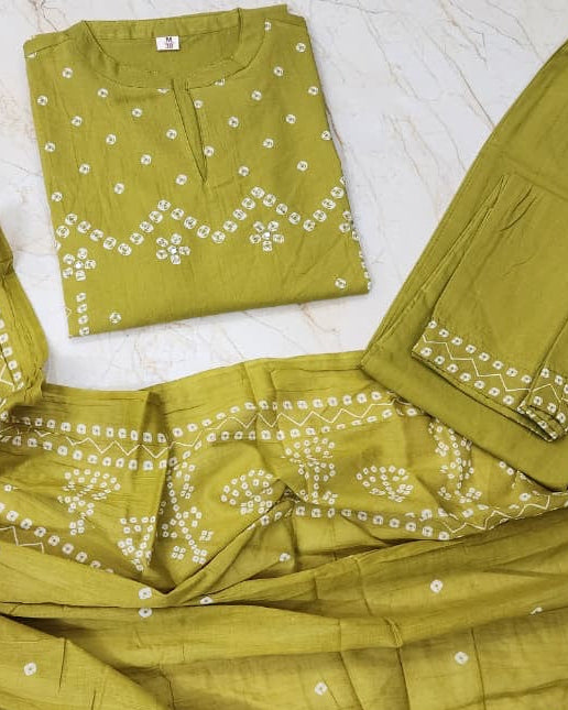 Lime Mist Bandhej Mirror Work Cotton Suit Set with Dupatta 