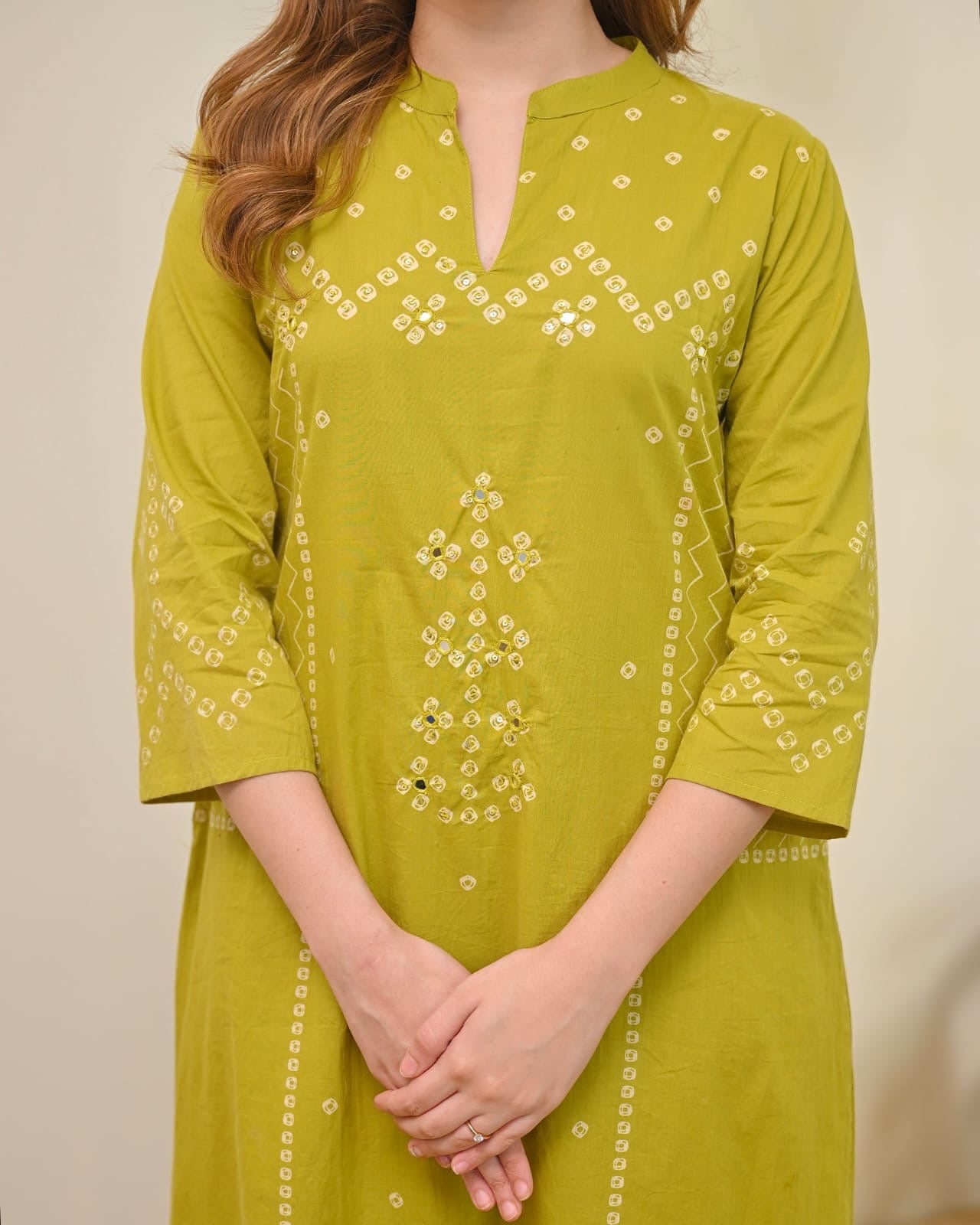 Lime Mist Bandhej Mirror Work Cotton Suit Set with Dupatta 