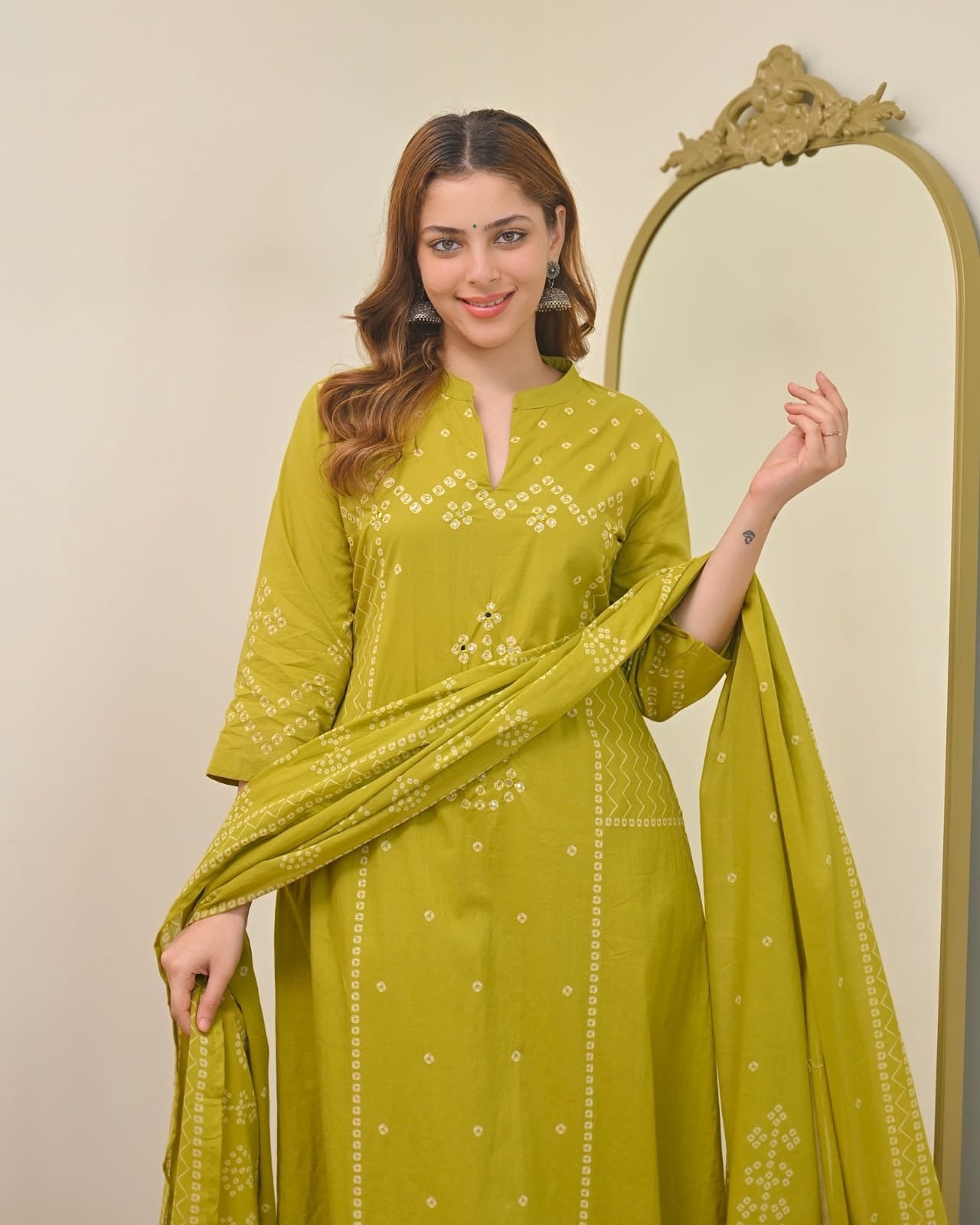 Lime Mist Bandhej Mirror Work Cotton Suit Set with Dupatta 