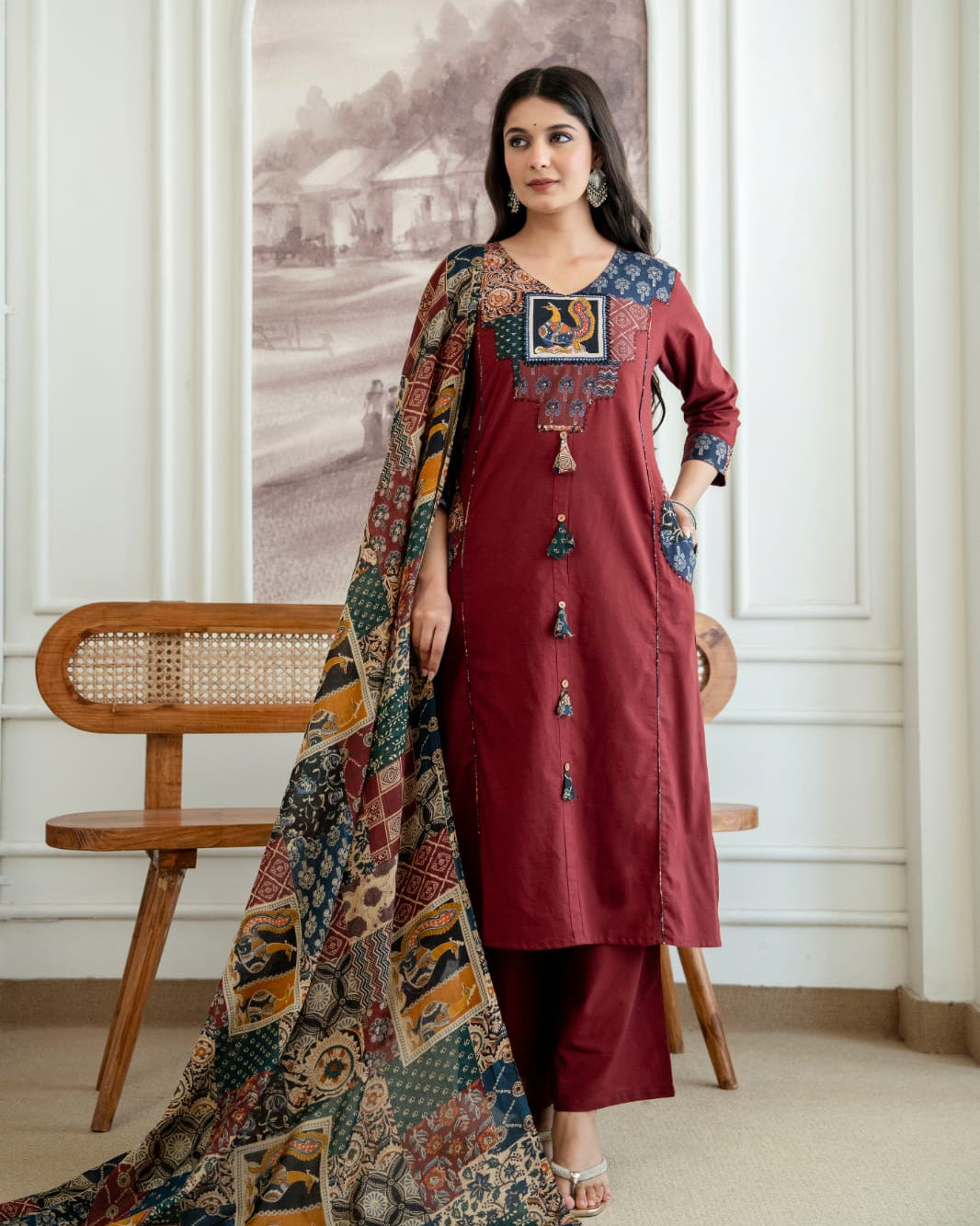  Maroon Cotton Appliqué Work Kurta Set with Printed Dupatta for Women