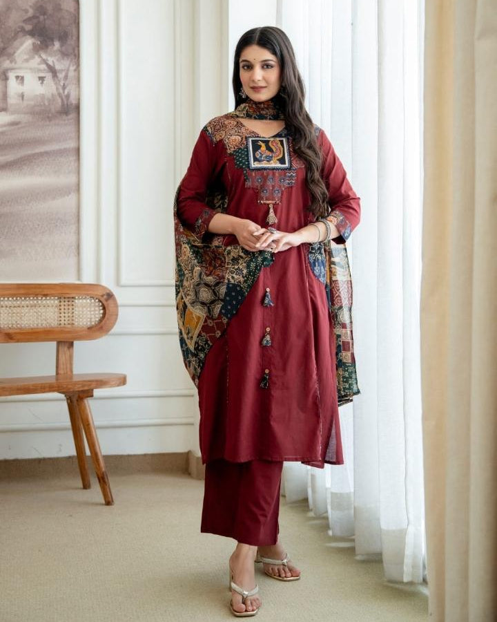  Maroon Cotton Appliqué Work Kurta Set with Printed Dupatta for Women