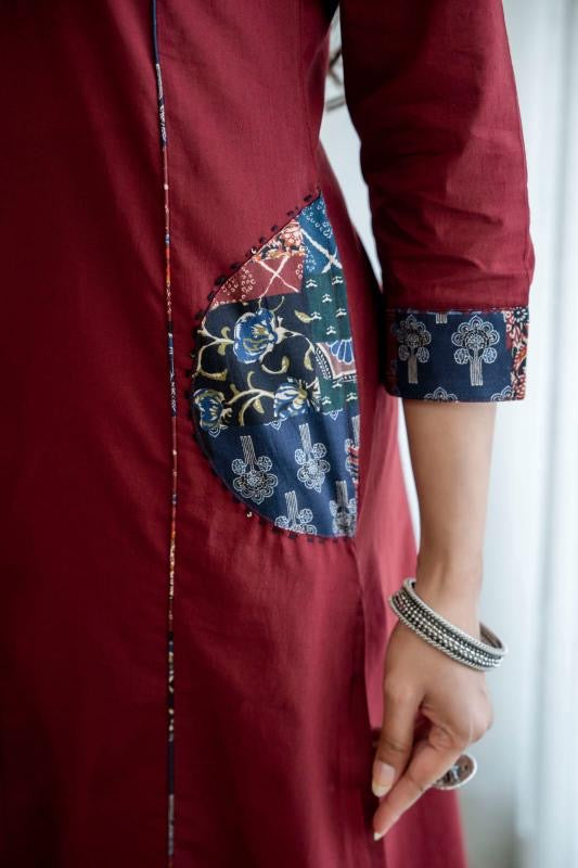  Maroon Cotton Appliqué Work Kurta Set with Printed Dupatta for Women