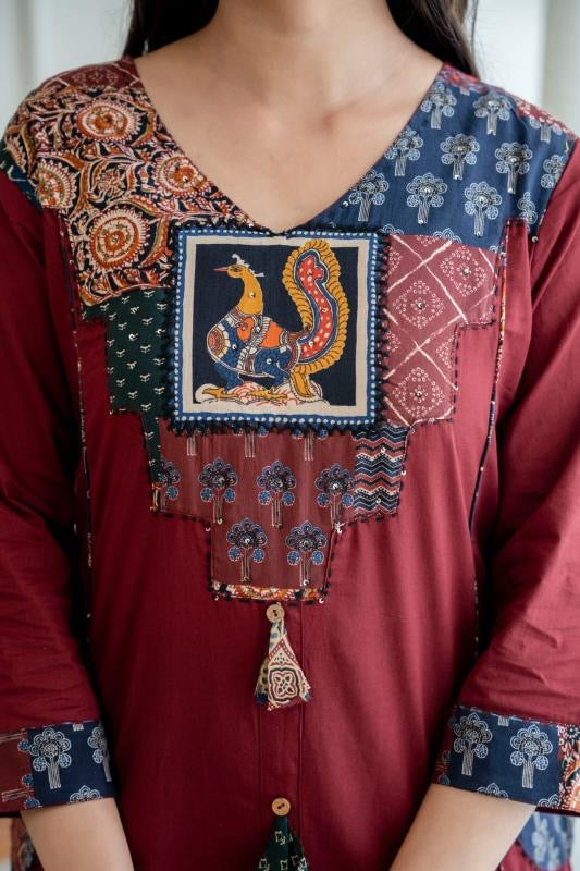  Maroon Cotton Appliqué Work Kurta Set with Printed Dupatta for Women