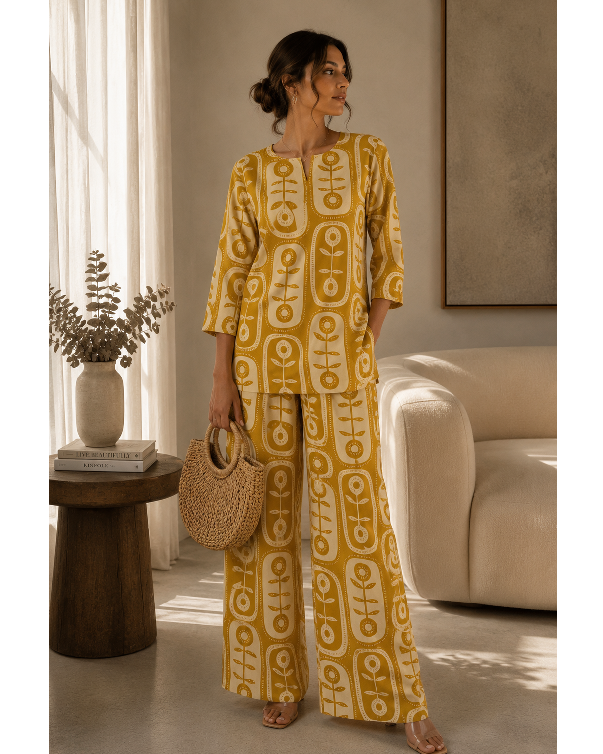 Mustard Abstract Print Cotton Co-ord Set with Palazzo Pants for Women