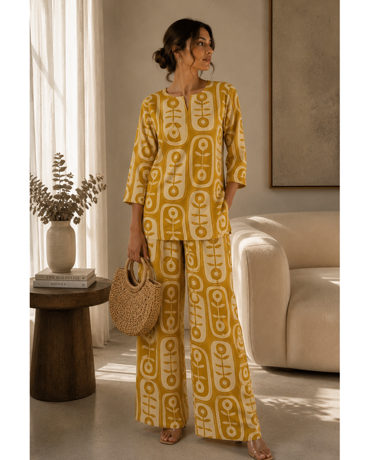Mustard Abstract Print Cotton Co-ord Set with Palazzo Pants for Women