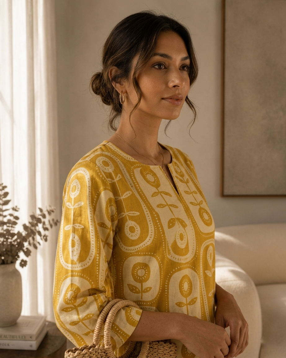 Mustard Abstract Print Cotton Co-ord Set with Palazzo Pants for Women