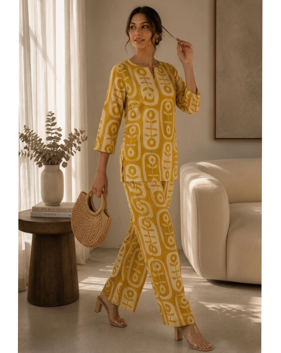 Mustard Abstract Print Cotton Co-ord Set with Palazzo Pants for Women