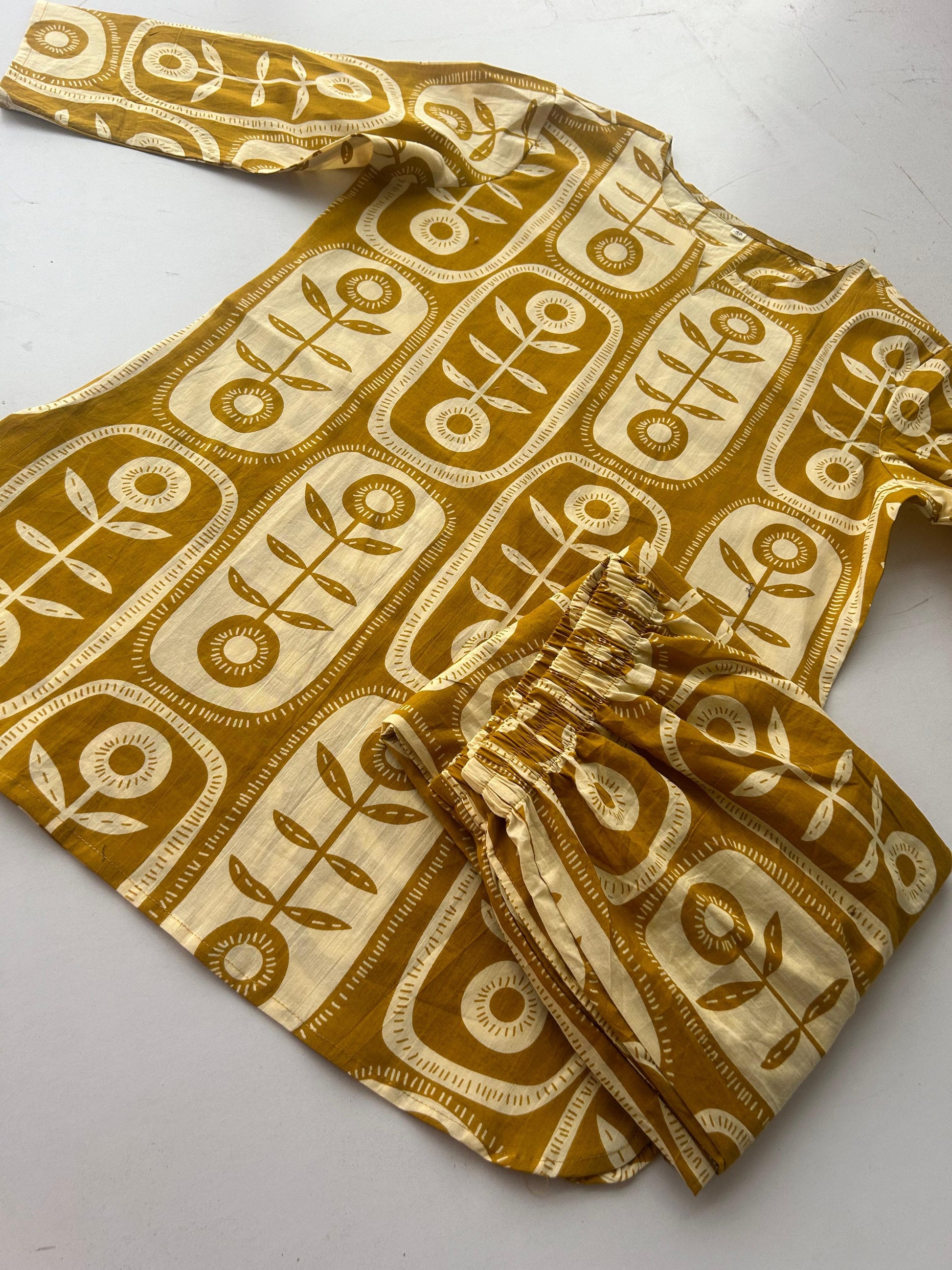 Mustard Abstract Print Cotton Co-ord Set with Palazzo Pants for Women