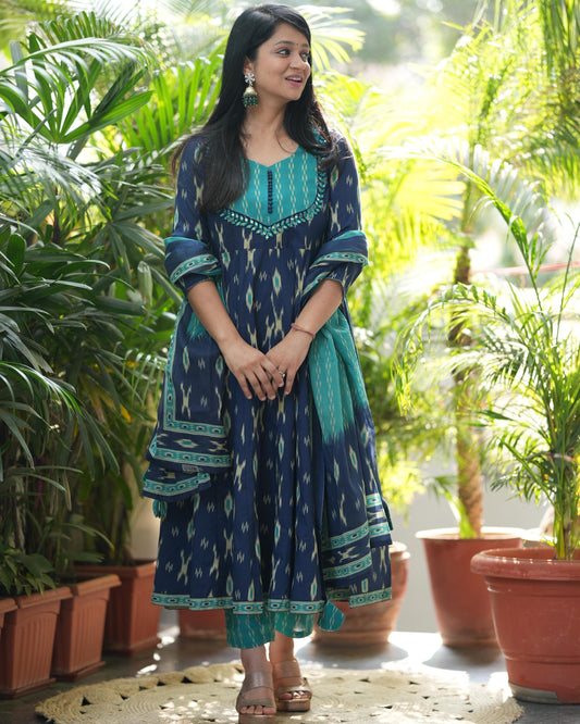 Navy Blue Cotton Anarkali Kurta Pant Set with Malmal Dupatta 
