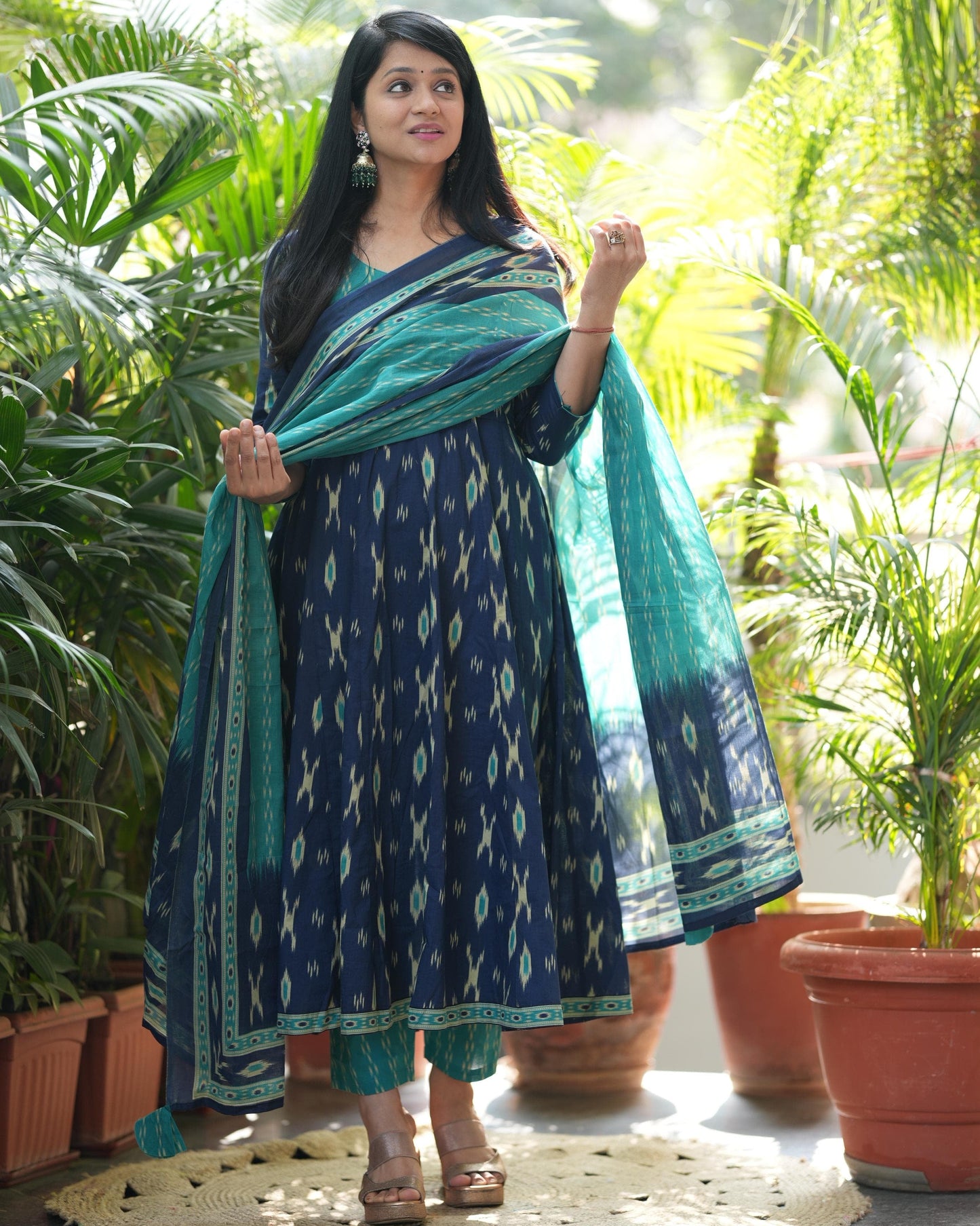 Navy Blue Cotton Anarkali Kurta Pant Set with Malmal Dupatta 