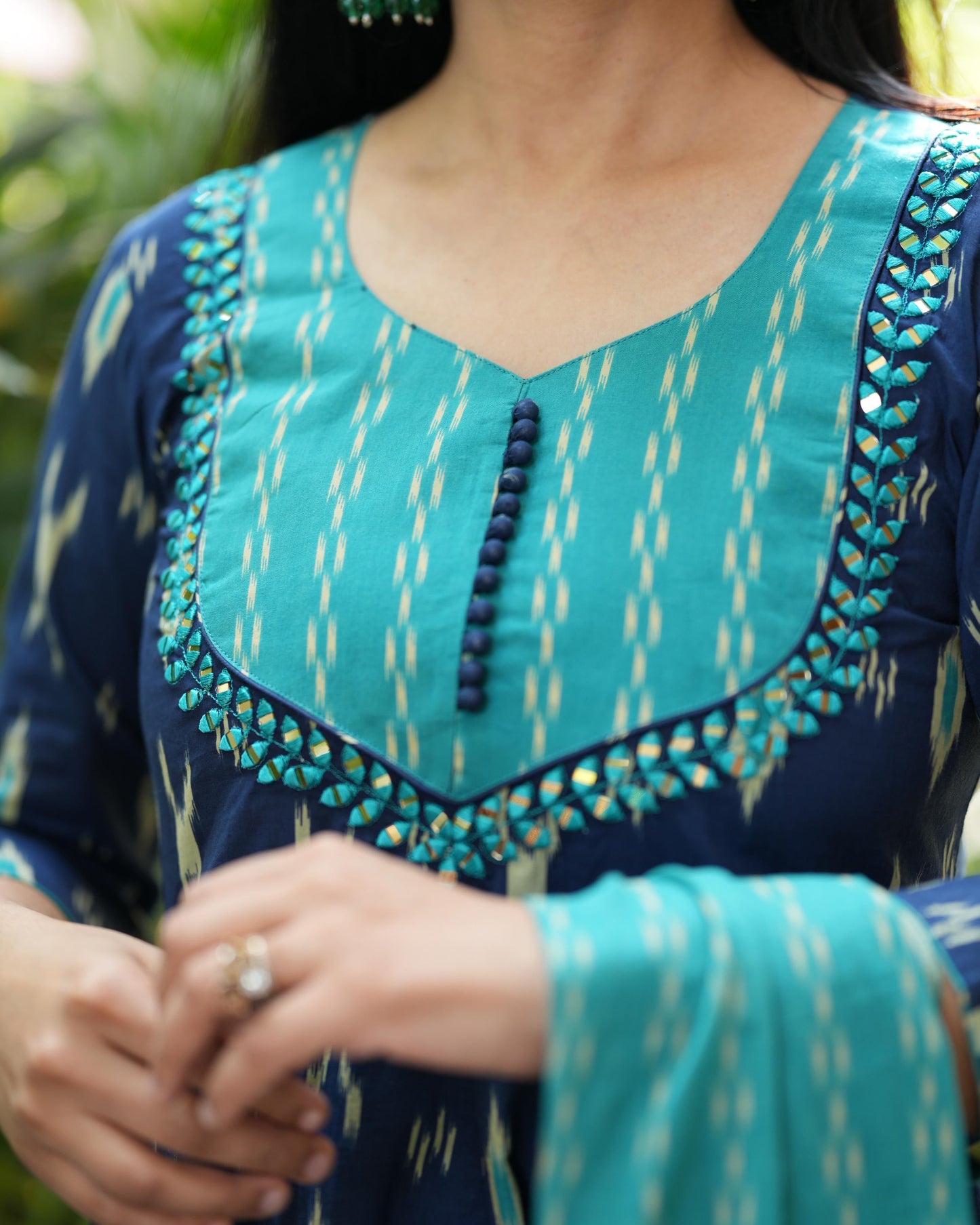 Navy Blue Cotton Anarkali Kurta Pant Set with Malmal Dupatta 
