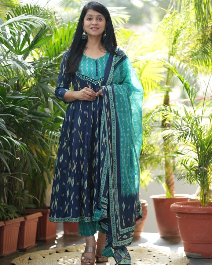 Navy Blue Cotton Anarkali Kurta Pant Set with Malmal Dupatta 