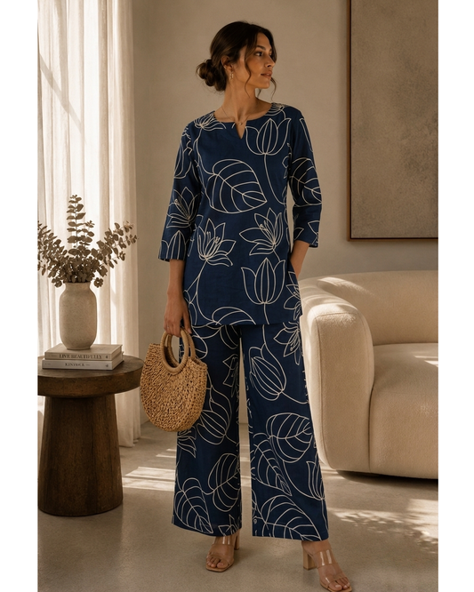Navy Blue Floral Print Cotton Co-ord Set with Wide Leg Palazzo for Women
