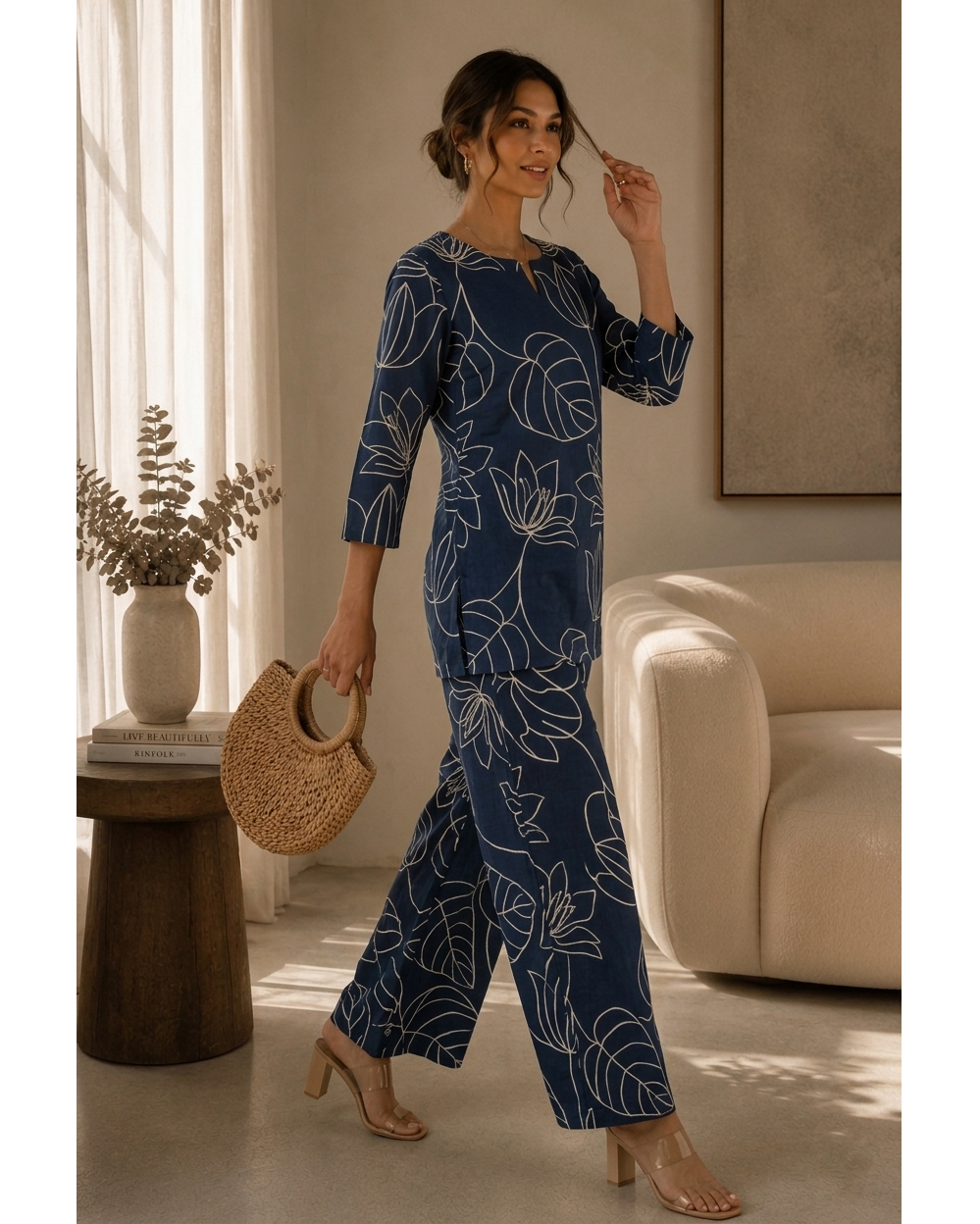Navy Blue Floral Print Cotton Co-ord Set with Wide Leg Palazzo for Women