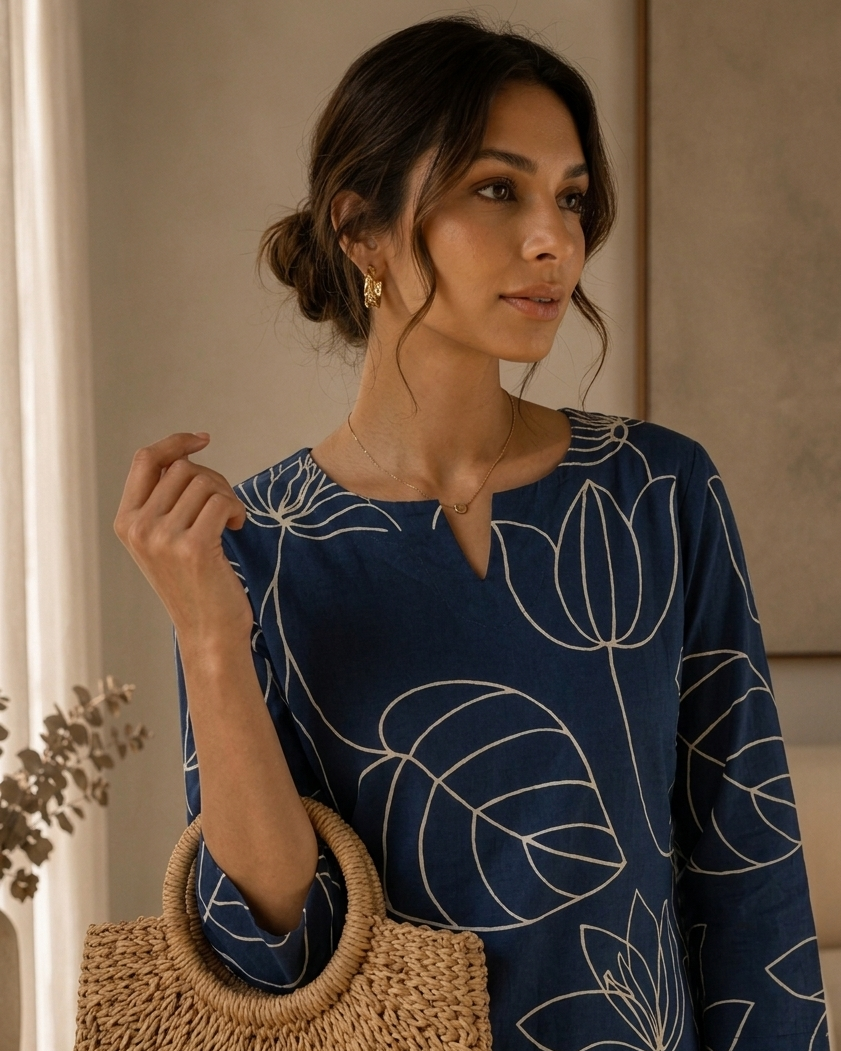 Navy Blue Floral Print Cotton Co-ord Set with Wide Leg Palazzo for Women