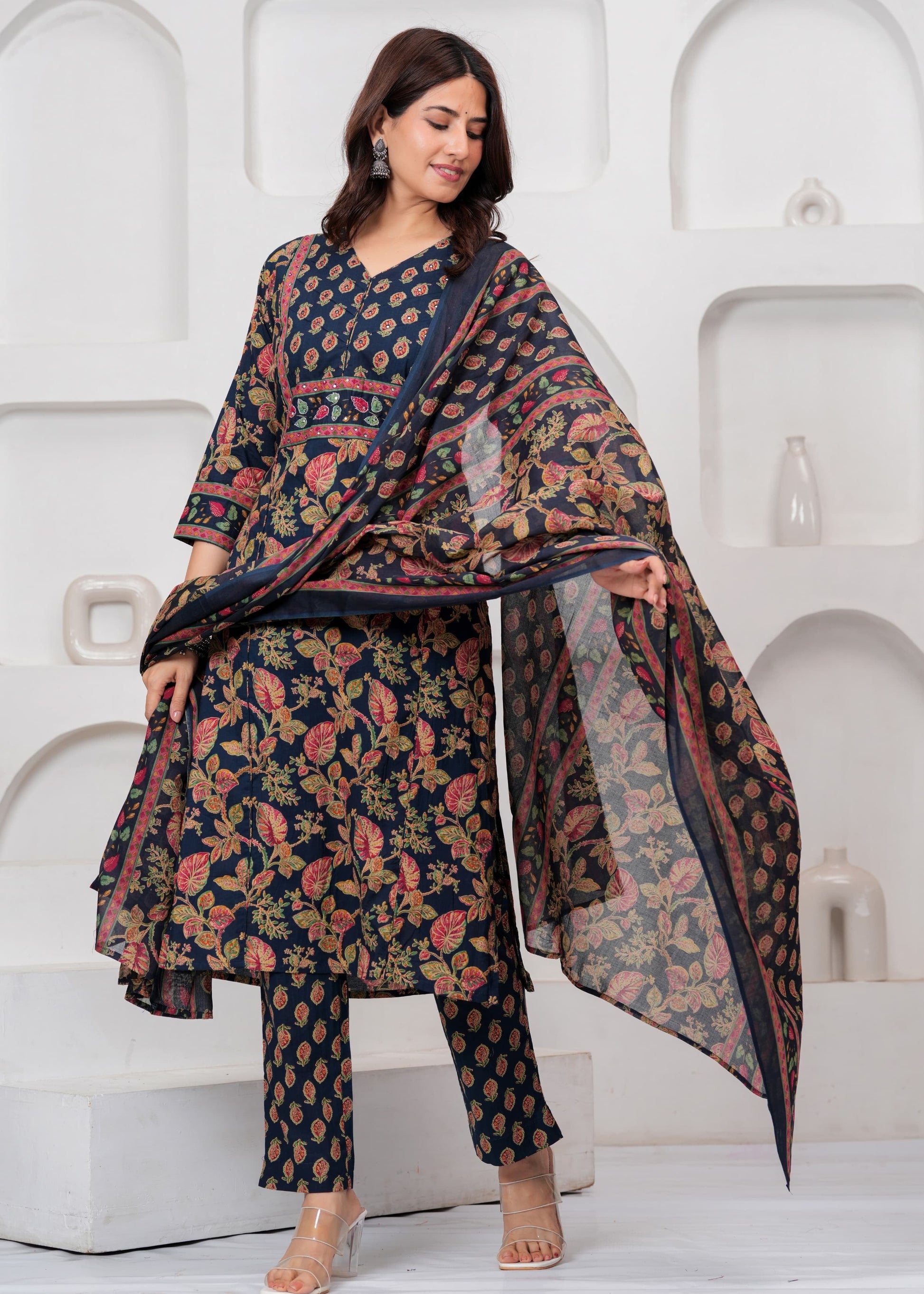  Navy Blue Jaipuri Printed Cotton Kurta Pant Set with Dupatta
