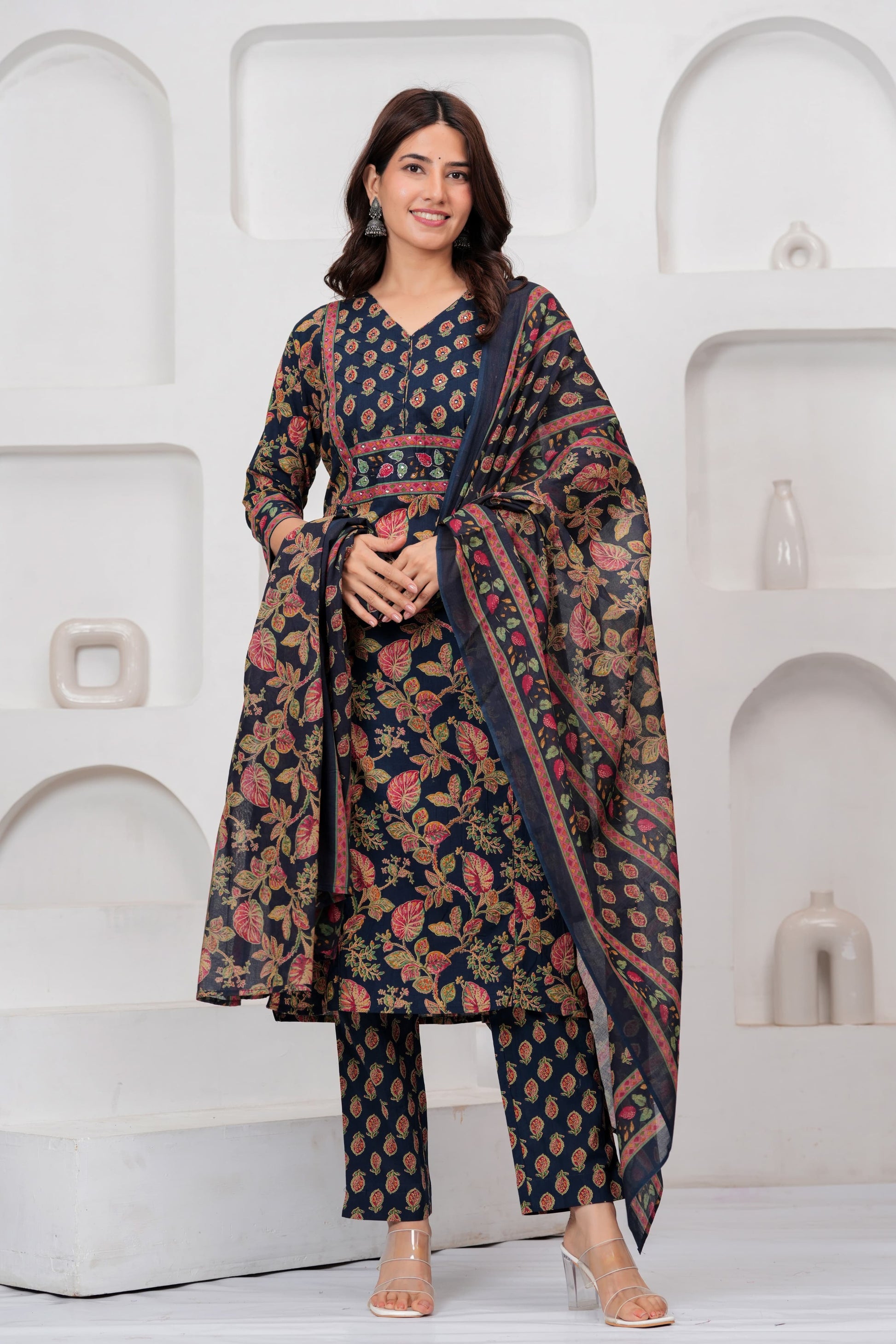  Navy Blue Jaipuri Printed Cotton Kurta Pant Set with Dupatta