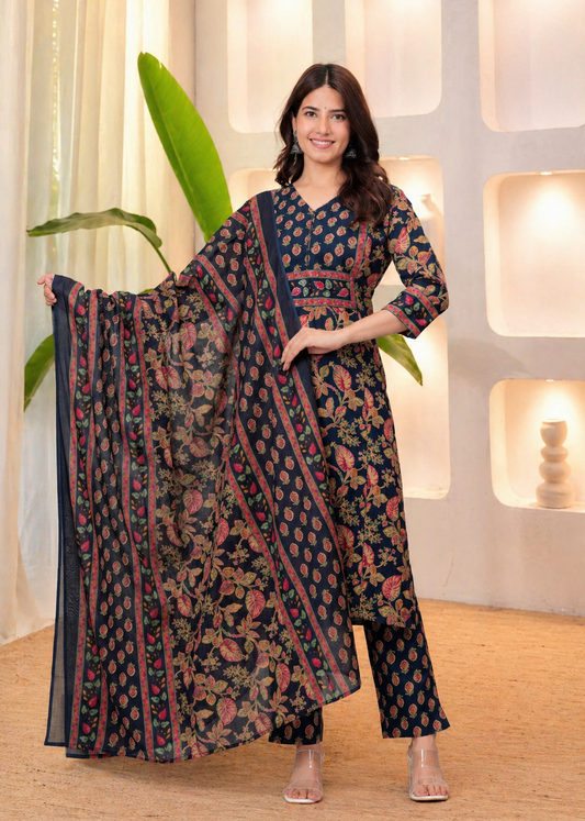 Navy Blue Jaipuri Printed Cotton Kurta Pant Set with Dupatta 