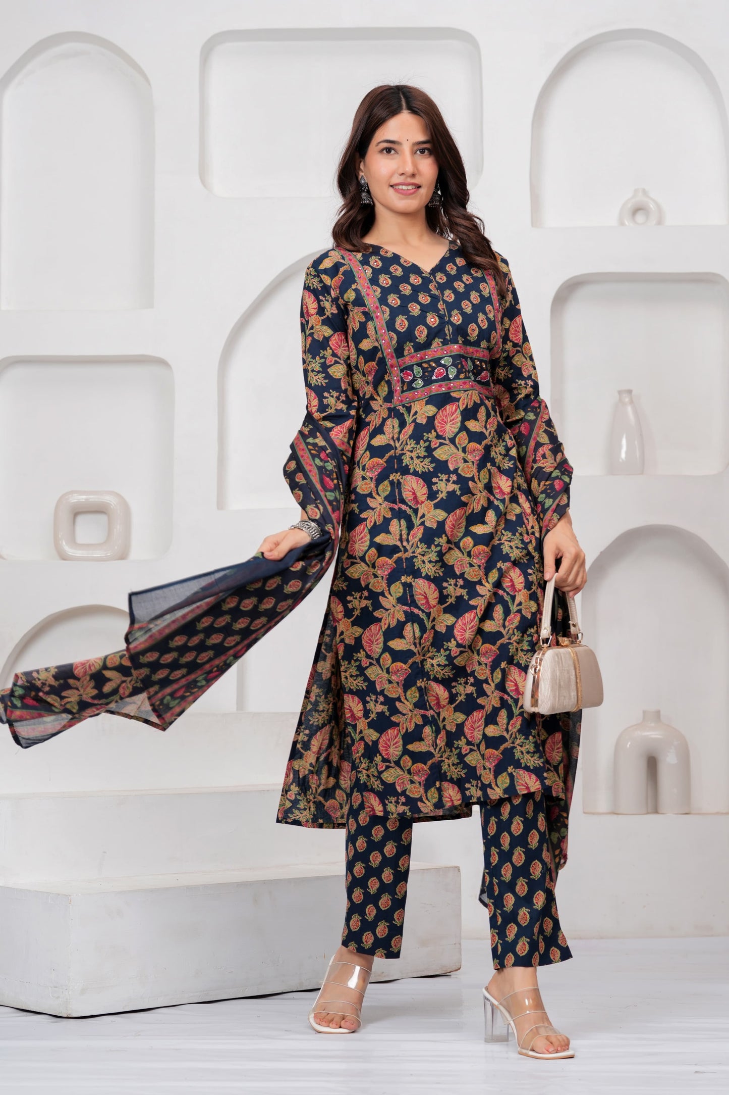  Navy Blue Jaipuri Printed Cotton Kurta Pant Set with Dupatta